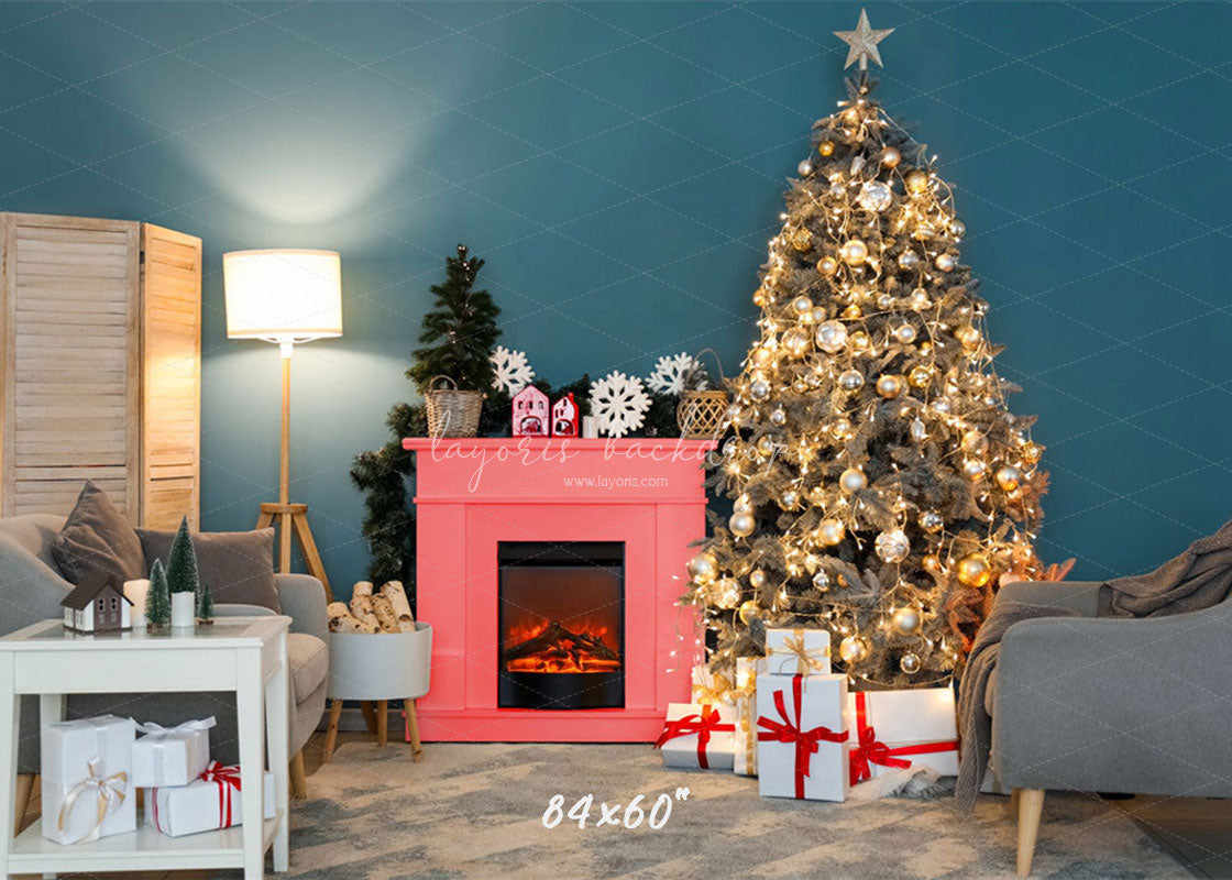 Teal Wall Fireplace Lights Christmas Backdrop - Layoris
