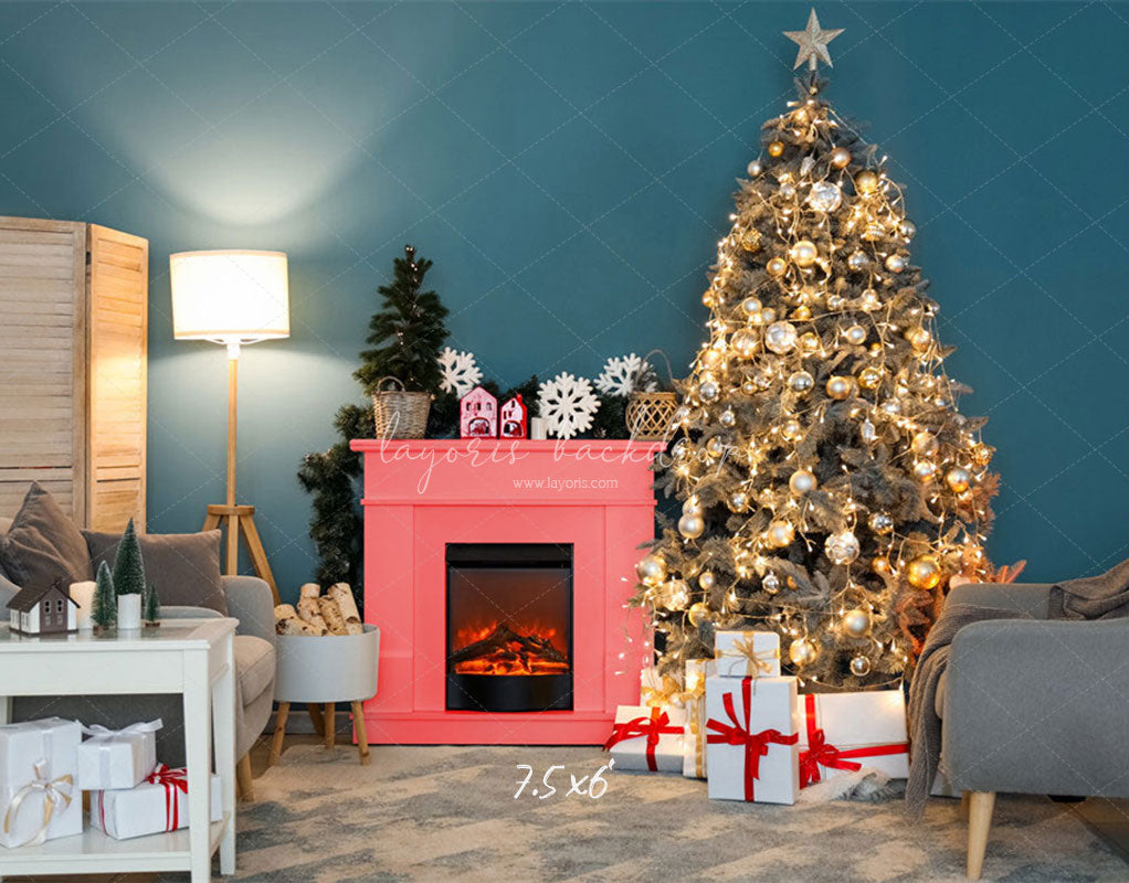 Teal Wall Fireplace Lights Christmas Backdrop - Layoris
