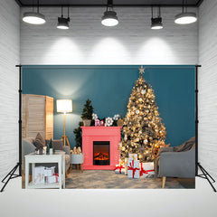 Layoris Teal Wall Fireplace Lights Christmas Backdrop