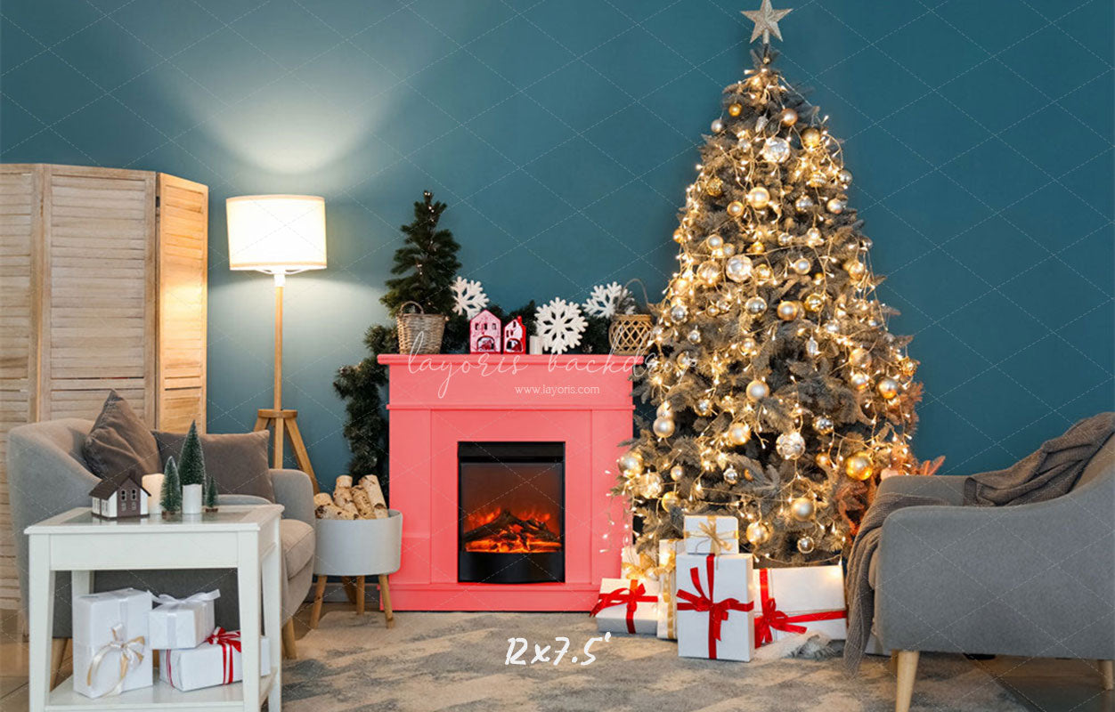 Teal Wall Fireplace Lights Christmas Backdrop - Layoris