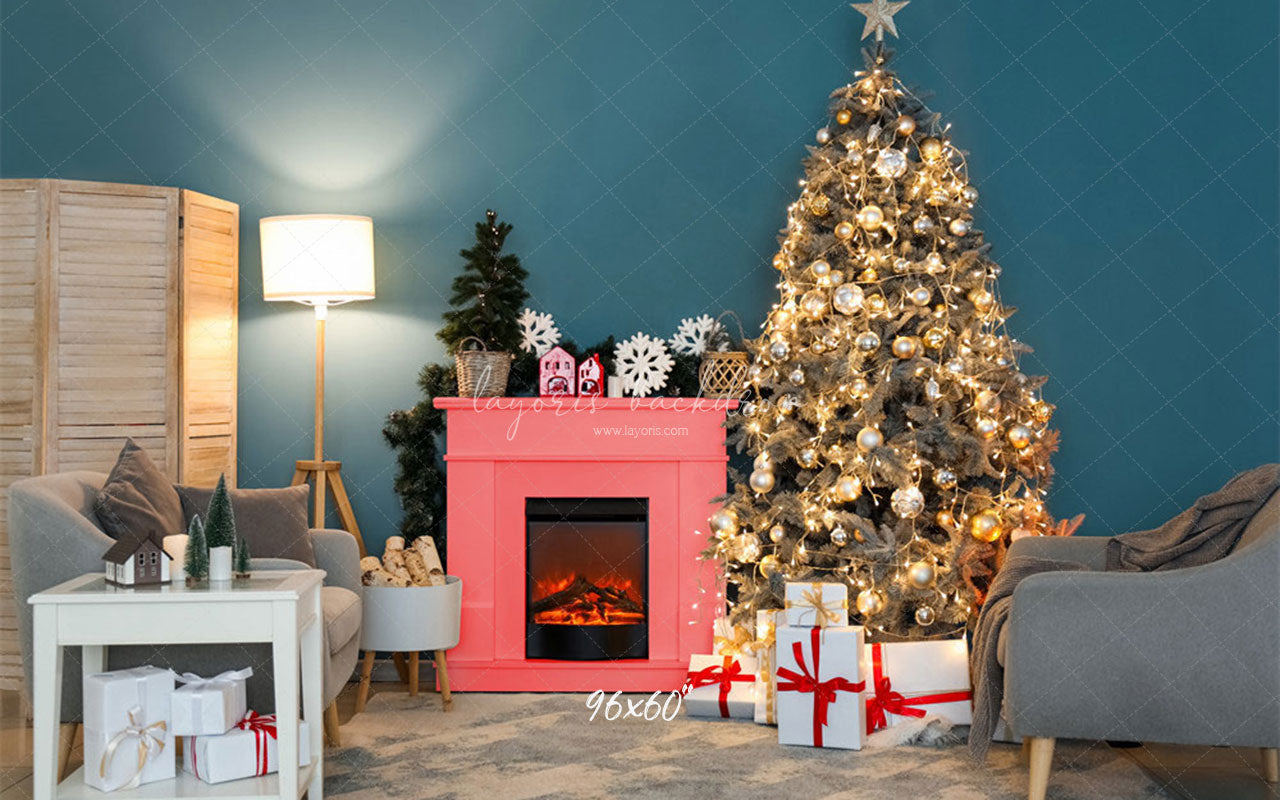 Teal Wall Fireplace Lights Christmas Backdrop - Layoris