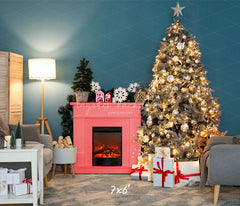 Teal Wall Fireplace Lights Christmas Backdrop - Layoris