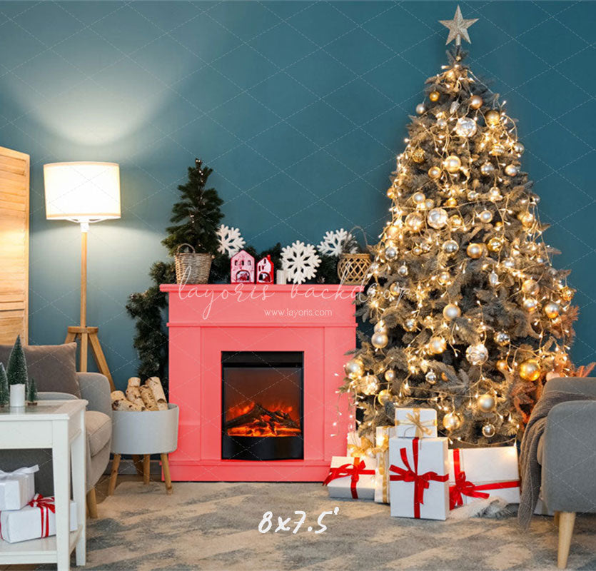 Teal Wall Fireplace Lights Christmas Backdrop - Layoris