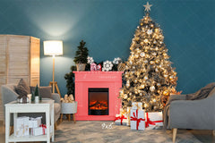 Teal Wall Fireplace Lights Christmas Backdrop - Layoris