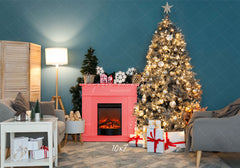 Teal Wall Fireplace Lights Christmas Backdrop - Layoris