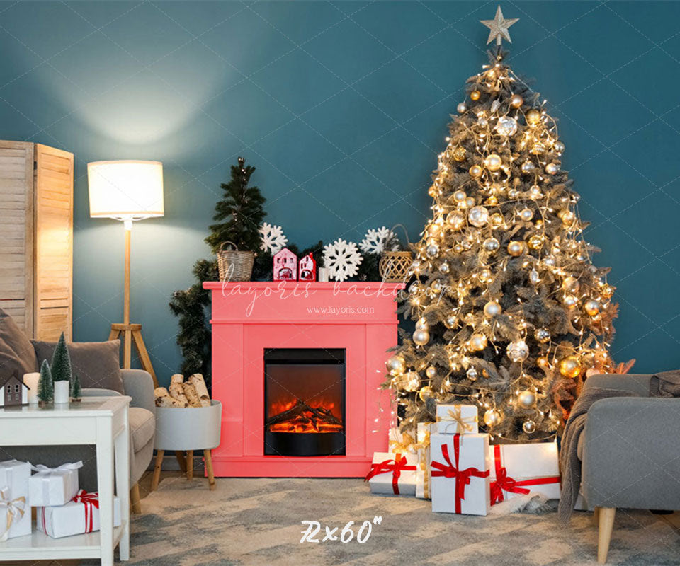 Teal Wall Fireplace Lights Christmas Backdrop - Layoris