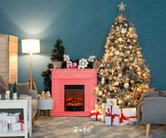 Teal Wall Fireplace Lights Christmas Backdrop - Layoris