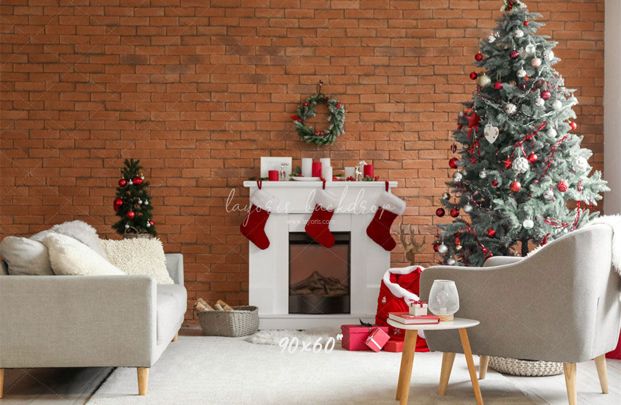 Red Brick Fireplace Christmas Photo Backdrop - Layoris