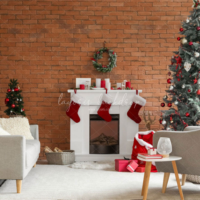 Red Brick Fireplace Christmas Photo Backdrop - Layoris