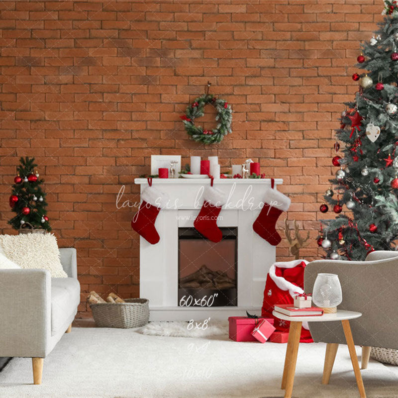 Red Brick Fireplace Christmas Photo Backdrop - Layoris