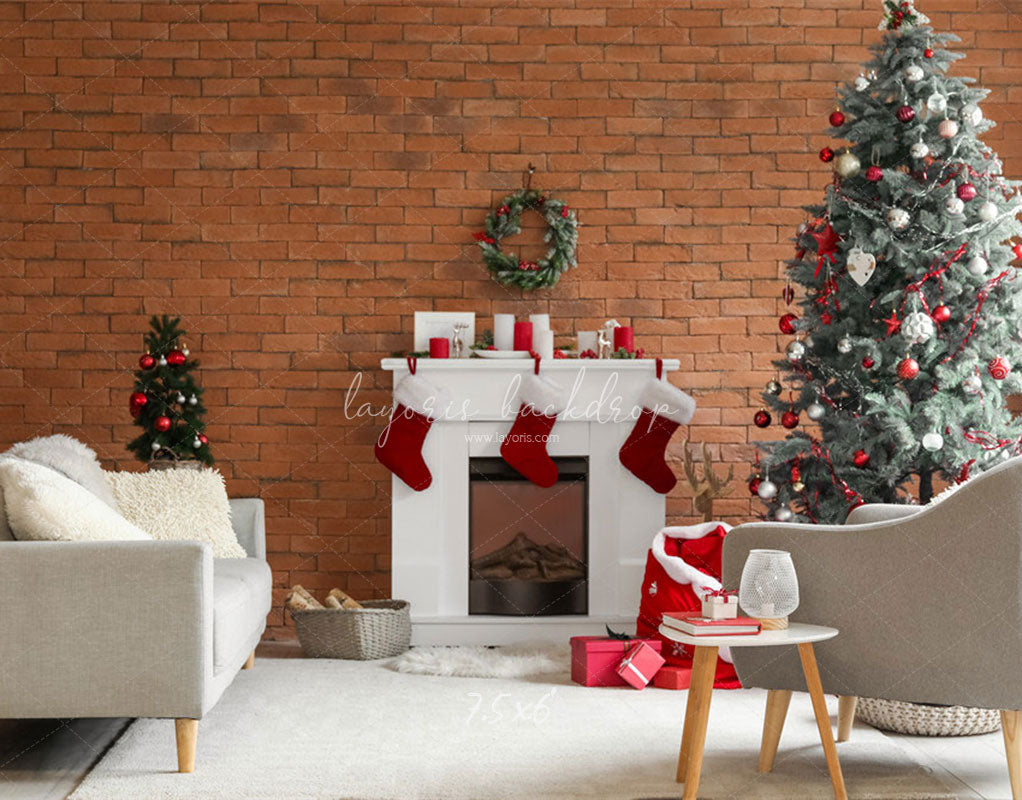Red Brick Fireplace Christmas Photo Backdrop - Layoris