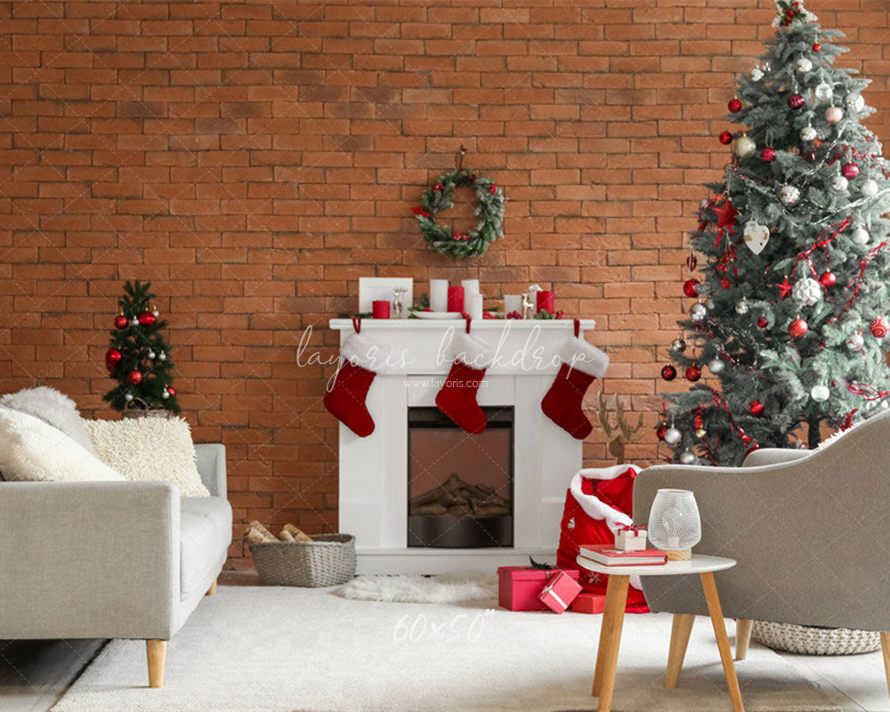 Red Brick Fireplace Christmas Photo Backdrop - Layoris