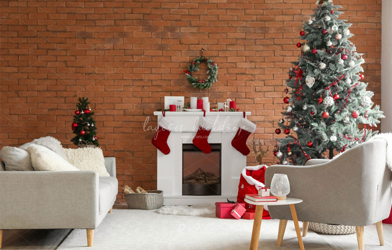 Red Brick Fireplace Christmas Photo Backdrop - Layoris