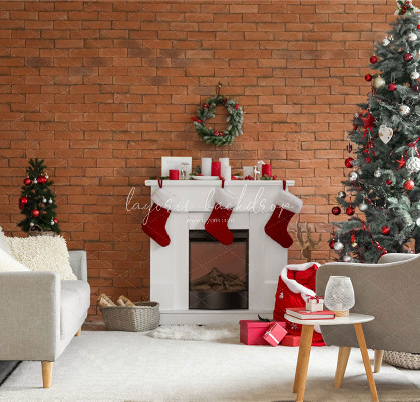 Red Brick Fireplace Christmas Photo Backdrop - Layoris