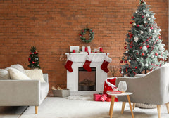 Red Brick Fireplace Christmas Photo Backdrop - Layoris