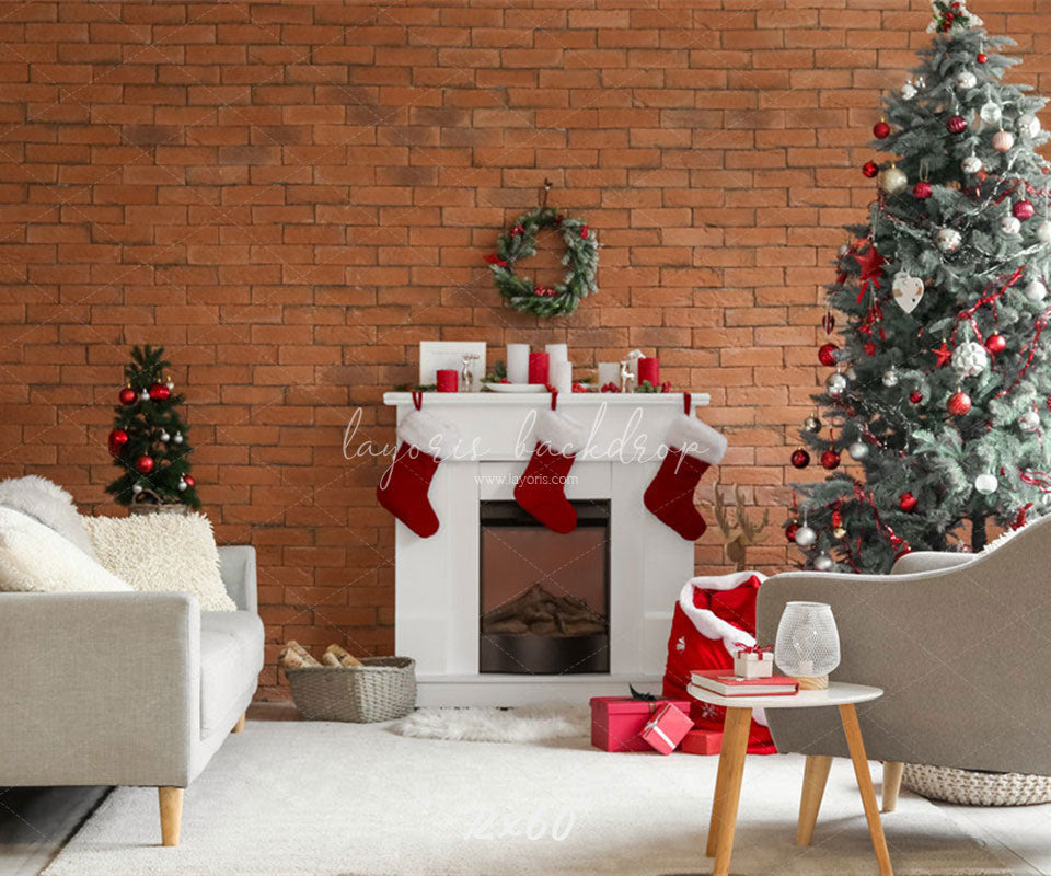 Red Brick Fireplace Christmas Photo Backdrop - Layoris