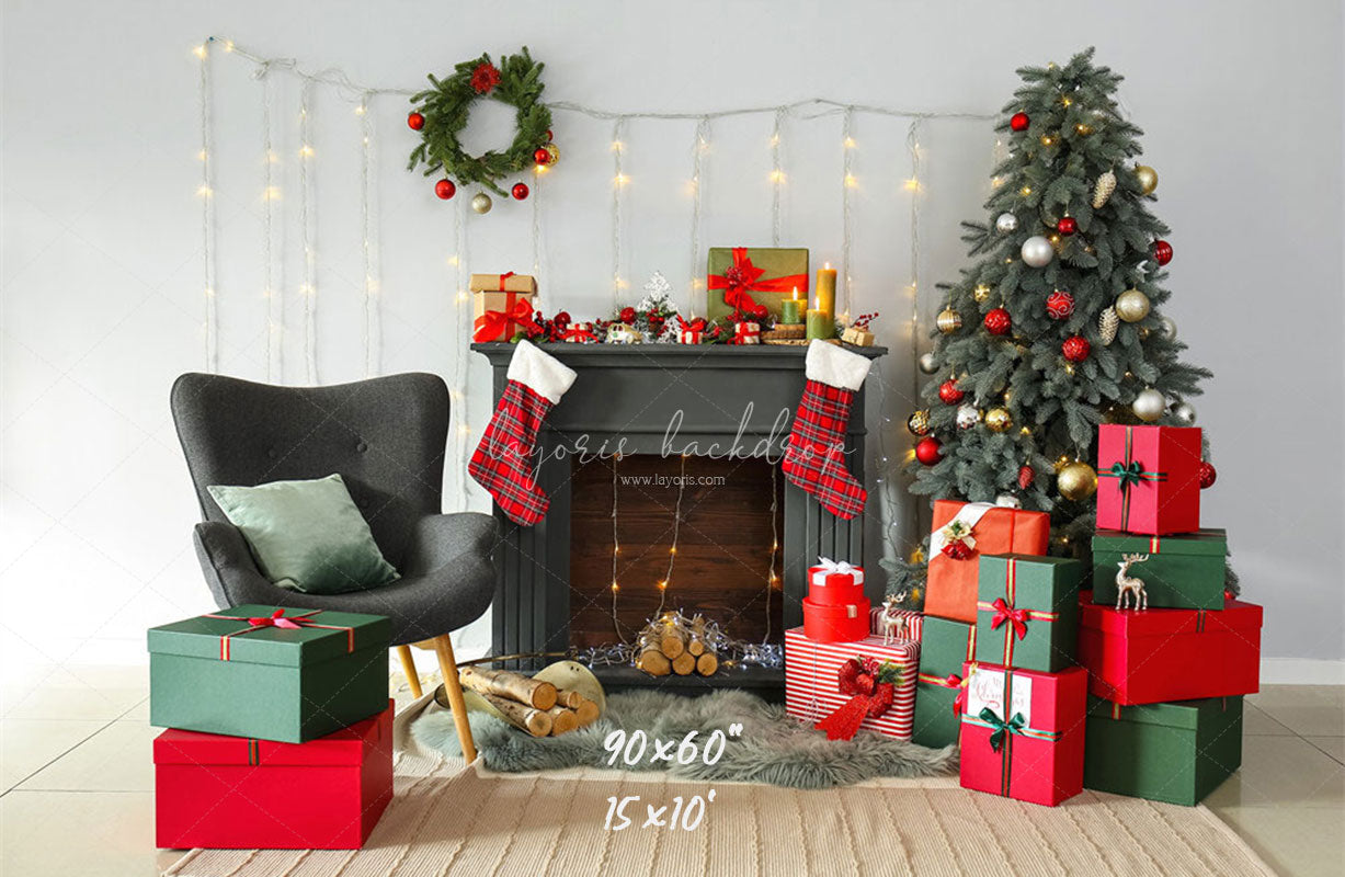 Black Fireplace Gift Box Christmas Photo Backdrop - Layoris