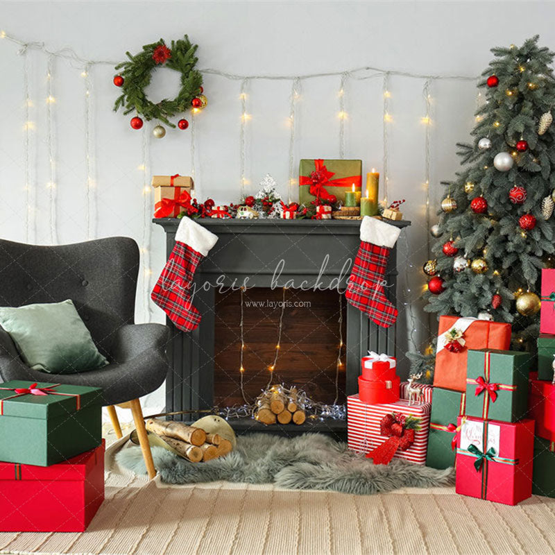 Black Fireplace Gift Box Christmas Photo Backdrop - Layoris