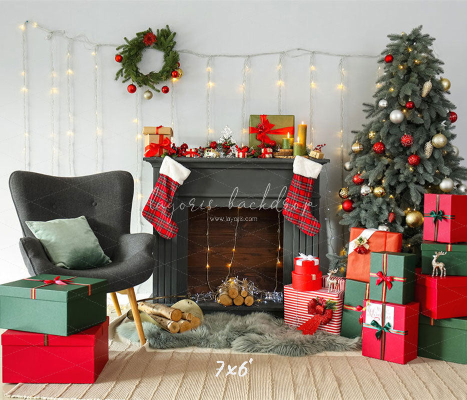 Black Fireplace Gift Box Christmas Photo Backdrop - Layoris