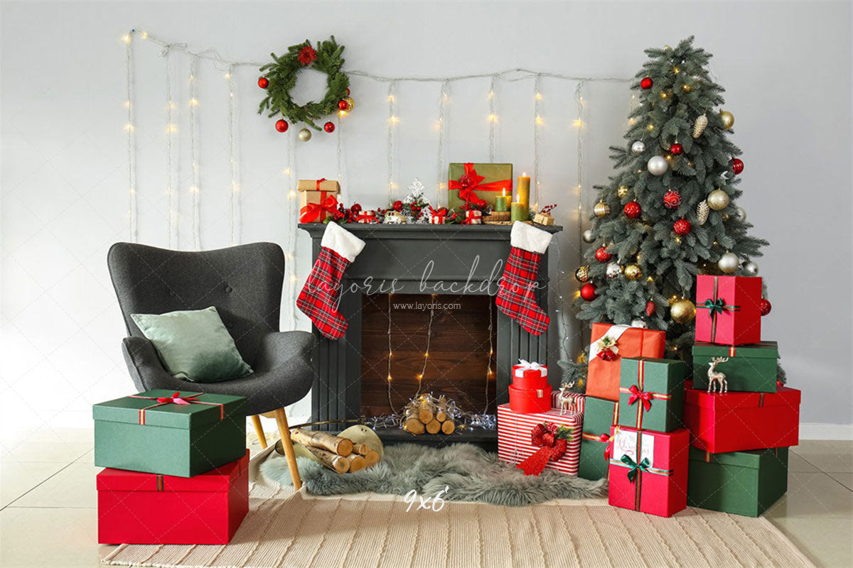 Black Fireplace Gift Box Christmas Photo Backdrop - Layoris