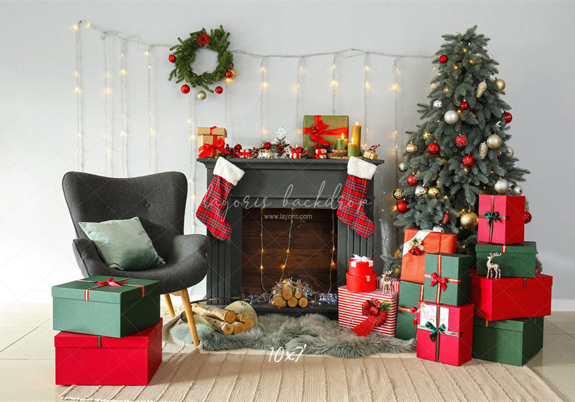 Black Fireplace Gift Box Christmas Photo Backdrop - Layoris