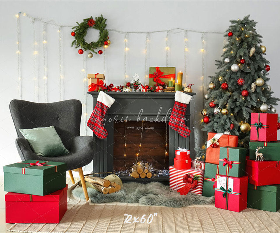 Black Fireplace Gift Box Christmas Photo Backdrop - Layoris
