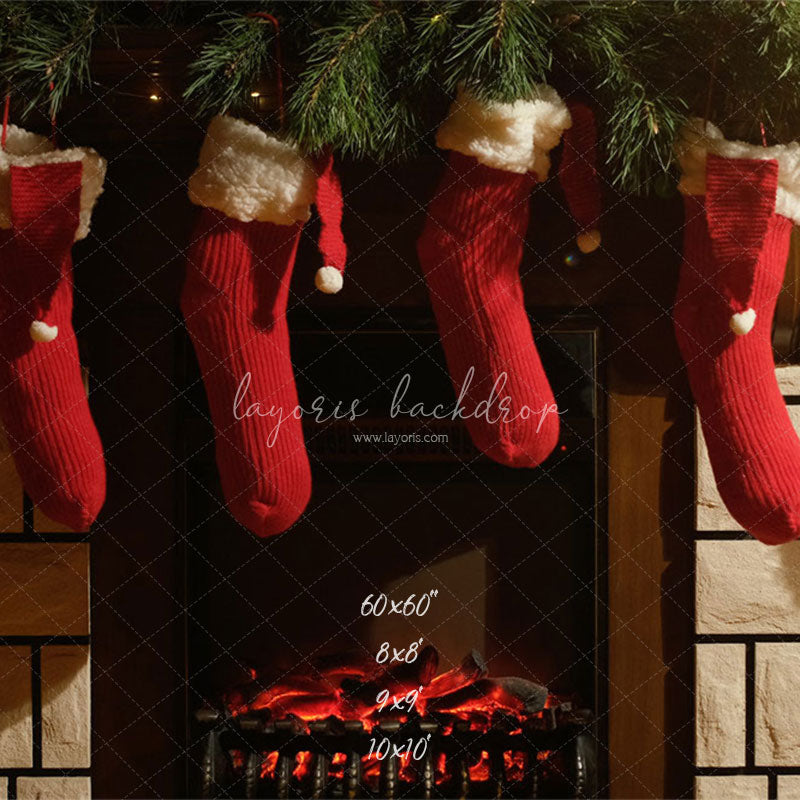 Fireplace Red Socks Christmas Party Backdrop - Layoris