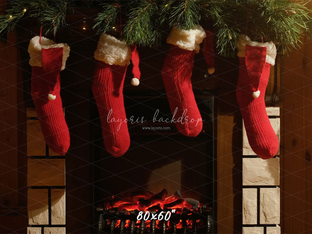 Fireplace Red Socks Christmas Party Backdrop - Layoris