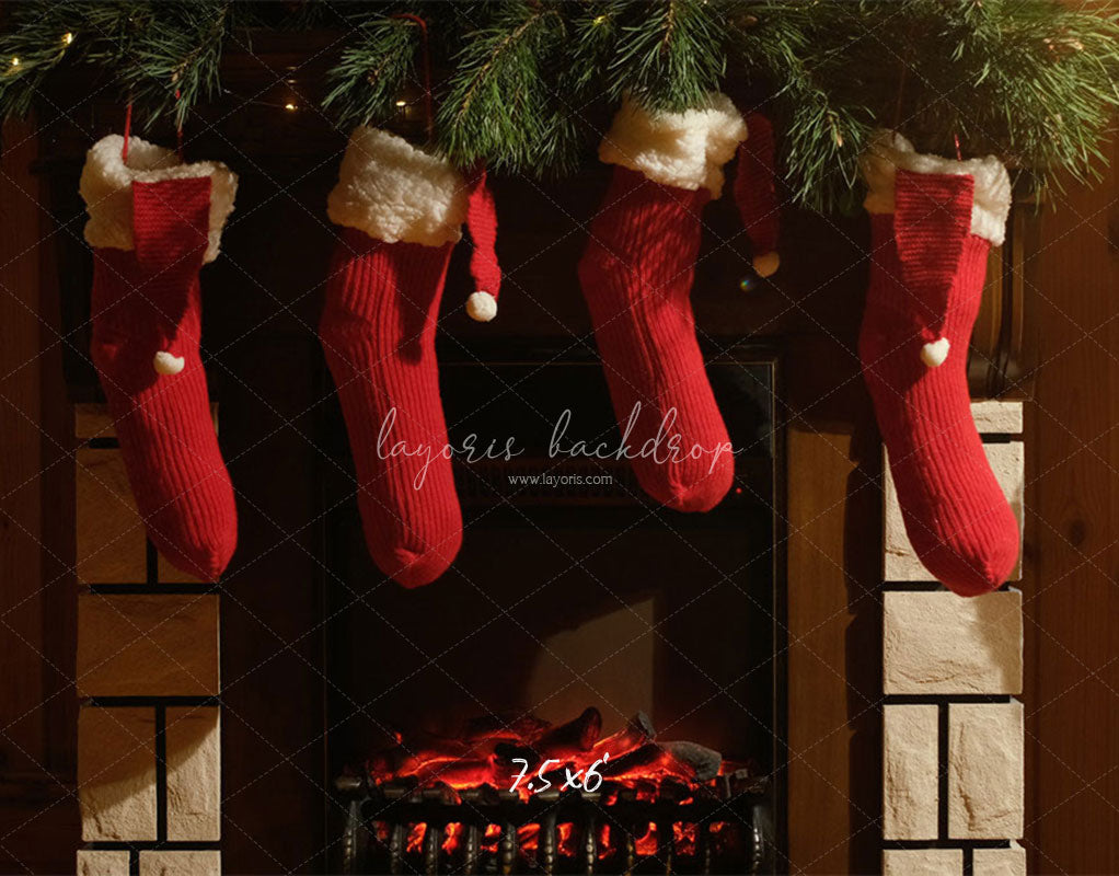 Fireplace Red Socks Christmas Party Backdrop - Layoris