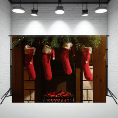Layoris Fireplace Red Socks Christmas Party Backdrop