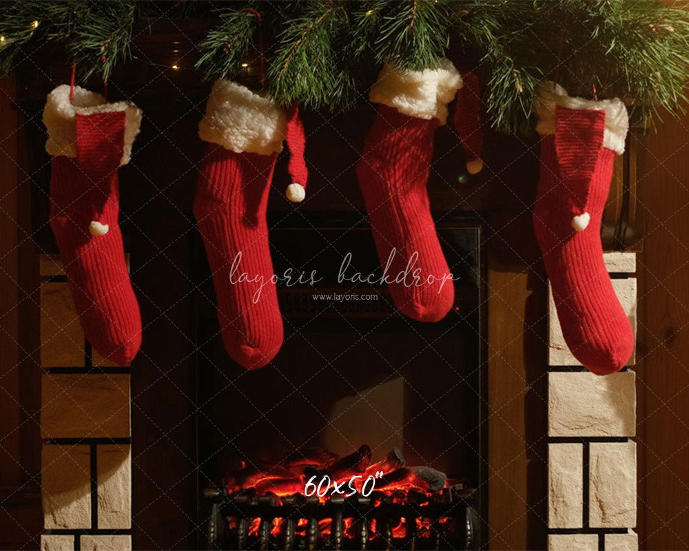 Fireplace Red Socks Christmas Party Backdrop - Layoris