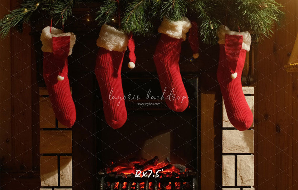 Fireplace Red Socks Christmas Party Backdrop - Layoris