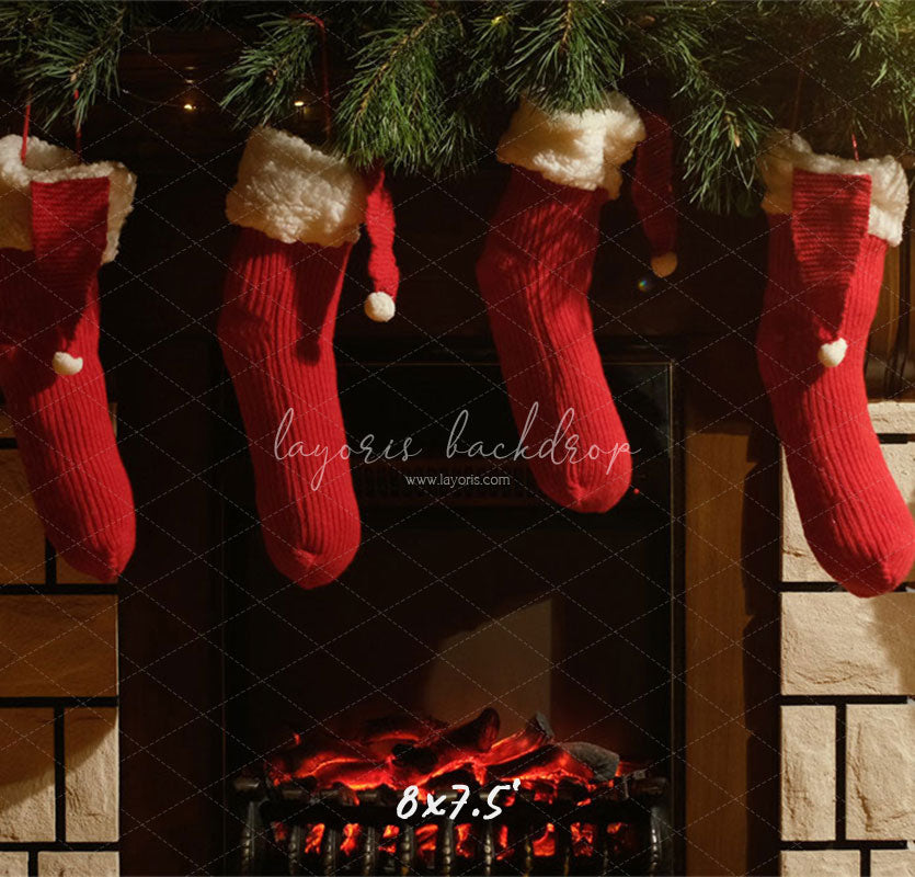 Fireplace Red Socks Christmas Party Backdrop - Layoris