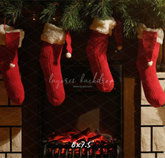 Fireplace Red Socks Christmas Party Backdrop - Layoris
