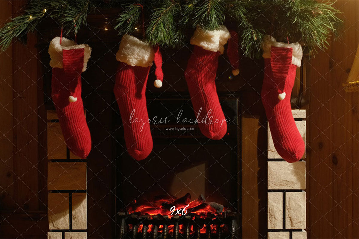 Fireplace Red Socks Christmas Party Backdrop - Layoris
