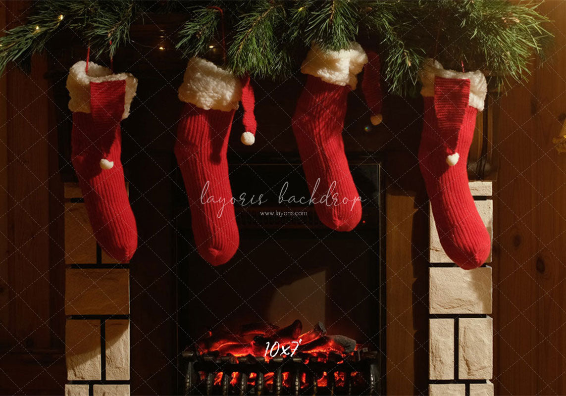 Fireplace Red Socks Christmas Party Backdrop - Layoris