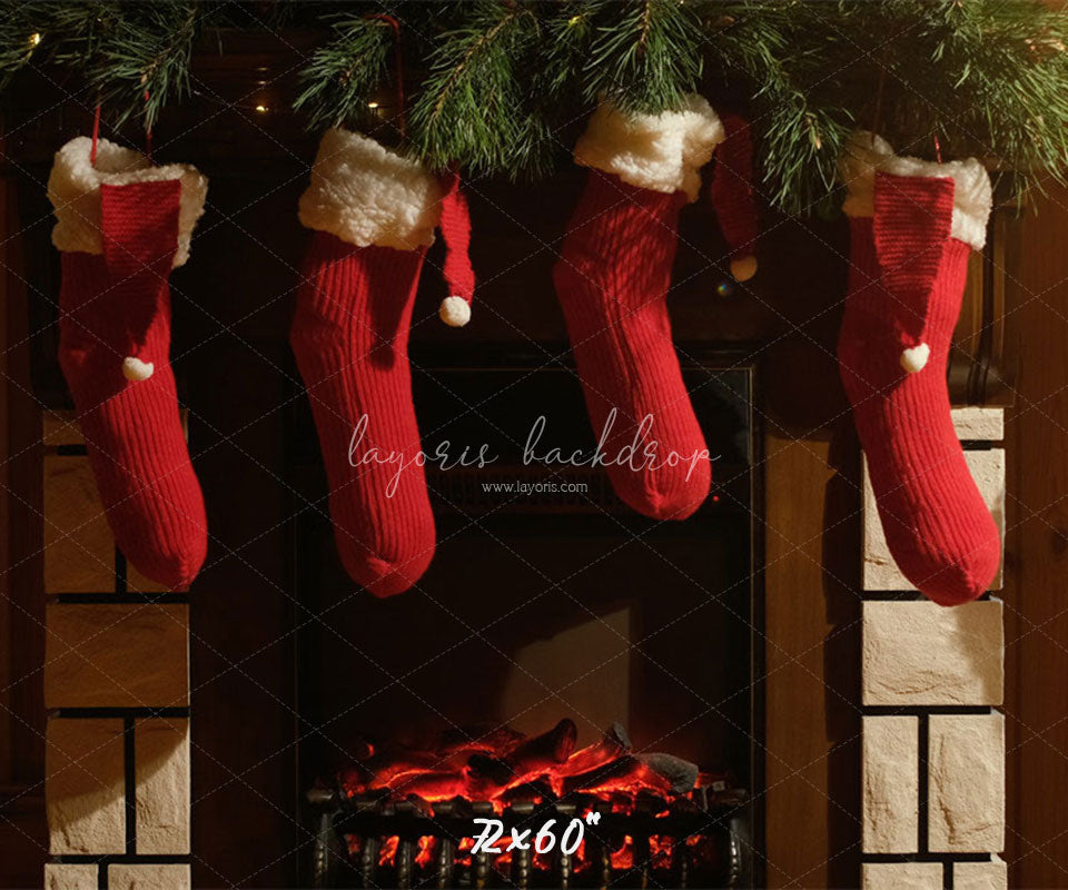 Fireplace Red Socks Christmas Party Backdrop - Layoris