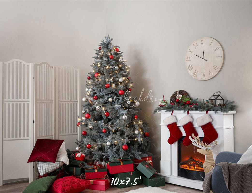 White Stove Clock Christmas Photo Backdrop - Layoris