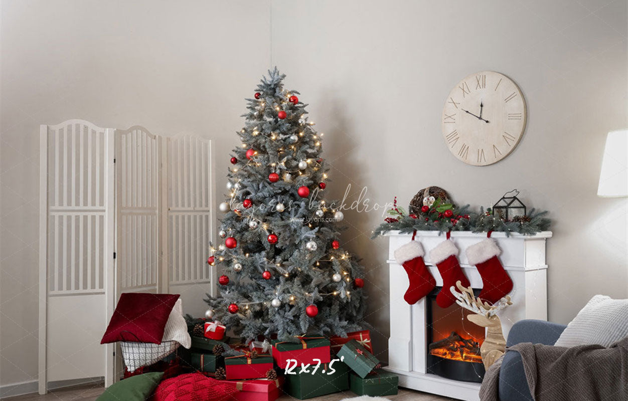 White Stove Clock Christmas Photo Backdrop - Layoris