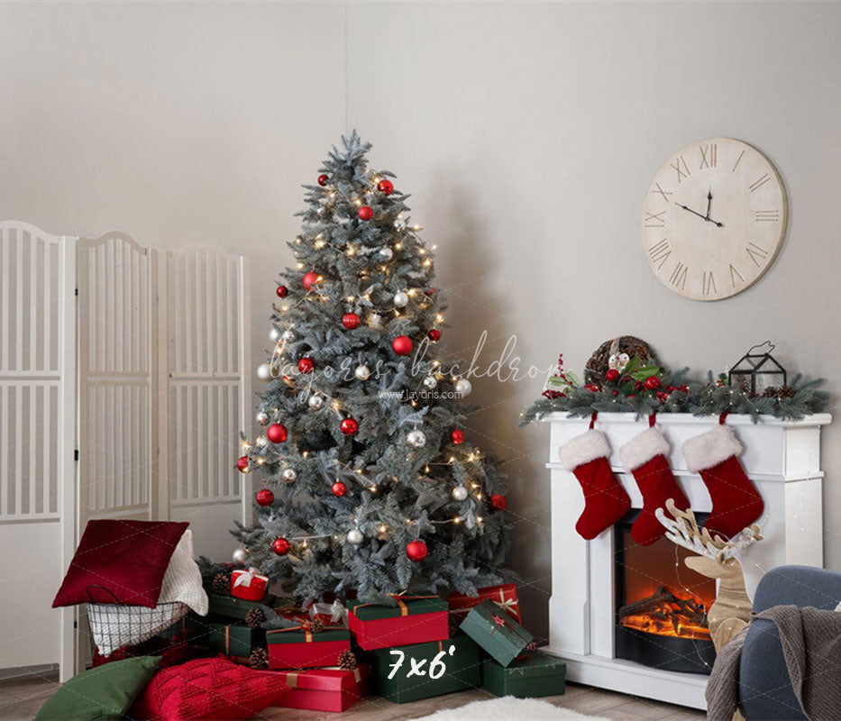 White Stove Clock Christmas Photo Backdrop - Layoris