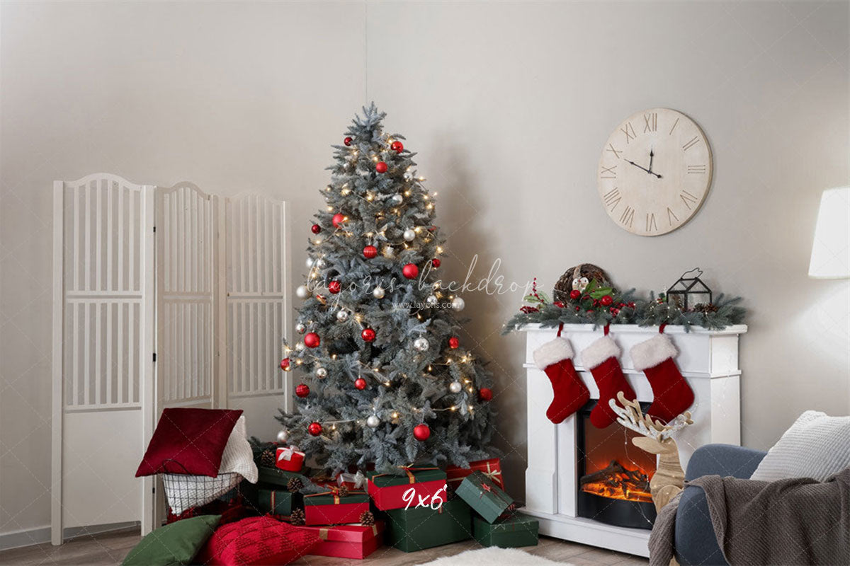 White Stove Clock Christmas Photo Backdrop - Layoris
