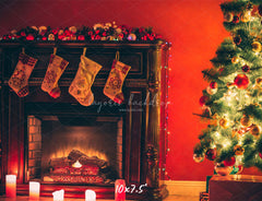 Red Wall Stove Socks Christmas Backdrop - Layoris