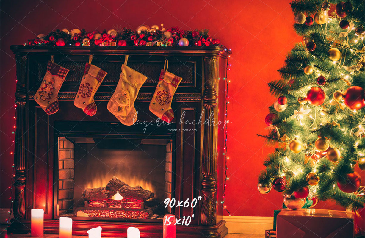 Red Wall Stove Socks Christmas Backdrop - Layoris