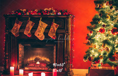 Red Wall Stove Socks Christmas Backdrop - Layoris