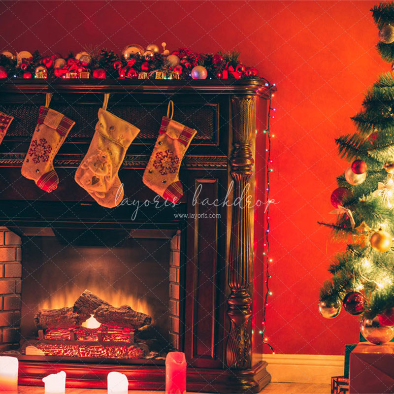 Red Wall Stove Socks Christmas Backdrop - Layoris