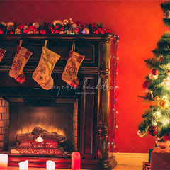 Red Wall Stove Socks Christmas Backdrop - Layoris