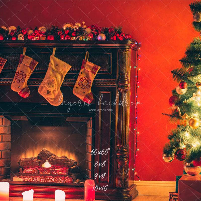 Red Wall Stove Socks Christmas Backdrop - Layoris