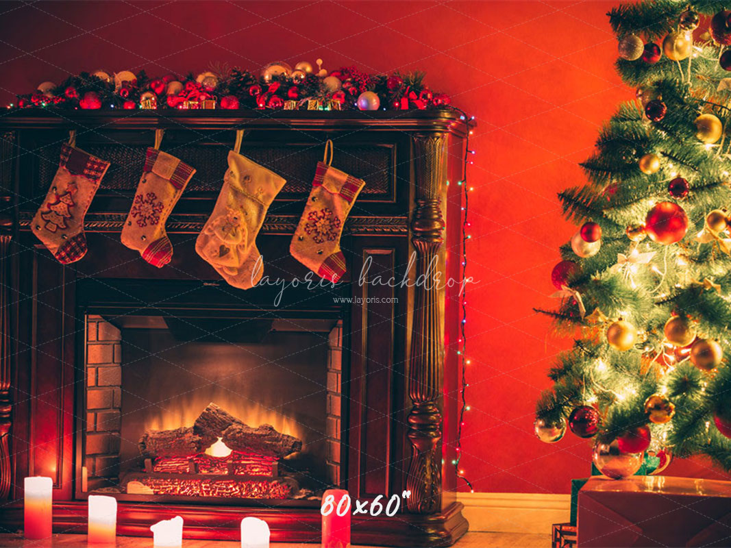 Red Wall Stove Socks Christmas Backdrop - Layoris
