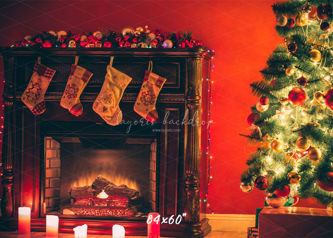 Red Wall Stove Socks Christmas Backdrop - Layoris