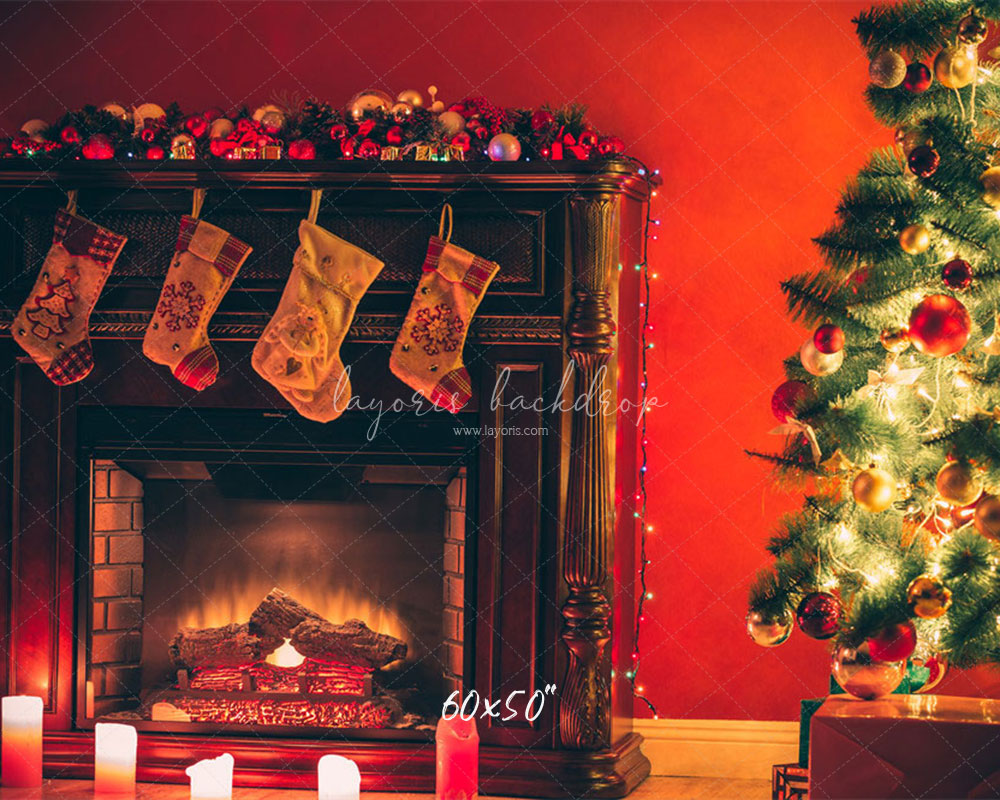 Red Wall Stove Socks Christmas Backdrop - Layoris